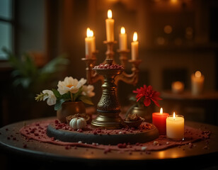 Remembrance Altar for Dia de Muertos with Candles and Beautiful Flowers Display