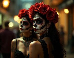 Vibrant Celebration of Dia de Muertos with Beautifully Dressed Calavera Women
