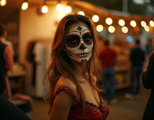 Vibrant Dia de Muertos Celebration with a Beautifully Decorated Sugar Skull Face