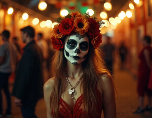 Vibrant Dia de Muertos Celebration Featuring Skull Makeup and Floral Headpiece