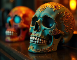 Colorful Dia de Muertos Skulls Intricately Decorated for the Day of the Dead Celebration