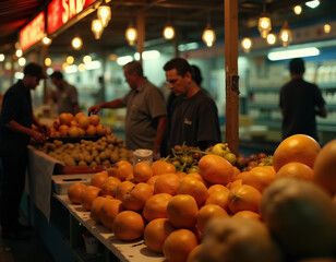 Vibrant Marketplace Scene with Fresh Fruits Celebrating Dia de Muertos Traditions