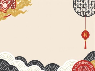Minimalist flat background with simplified Chinese patterns like clouds and waves in solid colors, clean and modern.