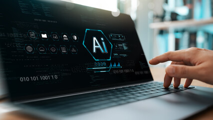 AI technology, artificial intelligence in work to help maximize efficiency, businessman uses AI...
