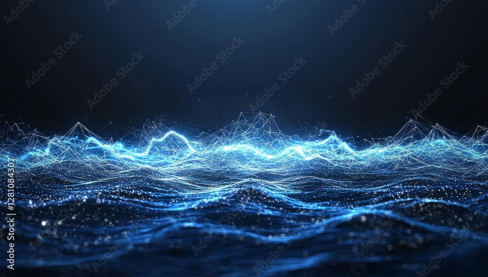 Poster minimalistic network of glowing blue nodes with high-tech digital connections and a depth of field e
