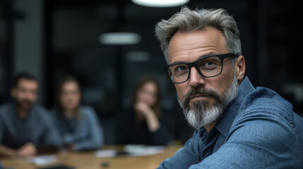 Fototapeta premium Professional man with glasses in meeting room, focused expression, surrounded by colleagues. atmosphere is collaborative and engaging, highlighting teamwork and communication