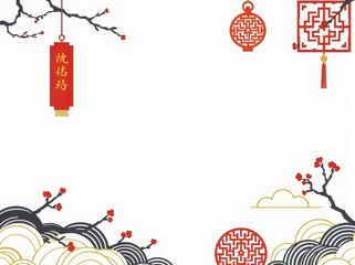 Minimalist flat background with simplified Chinese patterns like clouds and waves in solid colors, clean and modern.