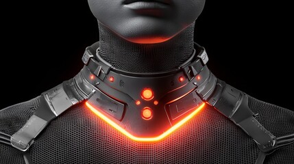 A close-up view of a stylish sports shirt with advanced mesh fabric and a small, embedded glowing orange element, showcasing innovation in smart wearable technology
