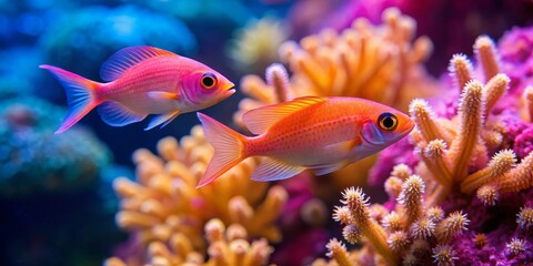 Fototapeta premium Vibrant aquatic life showcasing two brightly colored fish swimming amidst a coral reef habitat