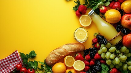 A summer composition. Fresh fruits, vegetables, bread and juices on a yellow background 