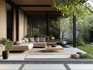 A modern outdoor space presents relaxing furniture and garden details