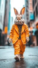 Obraz premium Fashionable rabbit in designer suit enjoys a stroll through the vibrant city streets