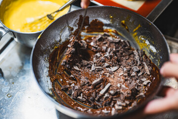 Home preparation of chocolate cakes and brownies using egg flour, chocolate chips, holiday activity, happiness, low sugar healthy lifestyle
