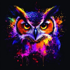 Obraz premium The striking owl illustration showcases an abstract splash of colors and detailed design, isolated on a black backdrop.