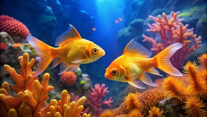 Fototapeta premium A Pair of Golden Fish Gracefully Swim Amidst Vibrant Coral Reefs in a Serene Underwater Scene