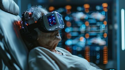 An elderly woman engages in digital therapy using a virtual reality headset while seated comfortably in a telemedicine facility, focusing on mindfulness and mental health.
