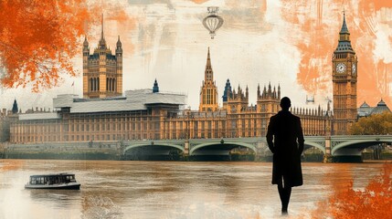 Man contemplates london skyline with houses of parliament and big ben