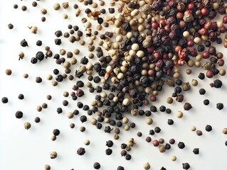 Varied peppercorns scattered on white surface for culinary and spice background