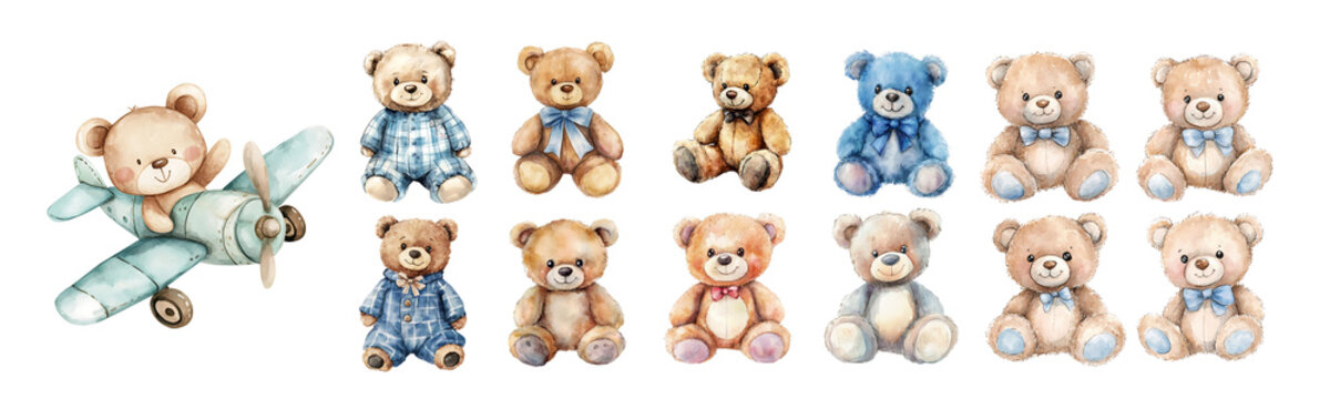 Naklejki Cute watercolor teddy bear set with various designs, transparent background