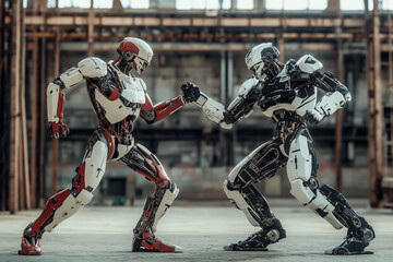 Two battle robots fighting, robot combat concept.