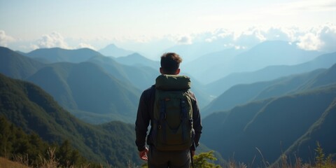 vast mountain landscape, with layers of rolling hills stretching into the distance. Low-hanging clouds hover above the peaks, while a lone backpacker stands with his back to the camera,