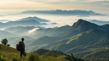 Fototapeta premium vast mountain landscape, with layers of rolling hills stretching into the distance. Low-hanging clouds hover above the peaks, while a lone backpacker stands with his back to the camera,