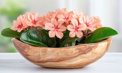 Beautiful arrangement of pink flowers in a wooden bowl on a bright, softly lit table