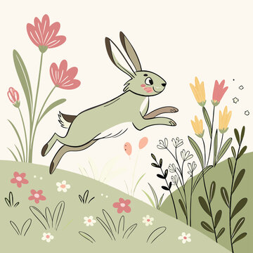 Cute Easter Bunny Illustration: Spring Hare Leaping Through Flowers, Whimsical Cartoon Art for Holiday Greetings and Decor