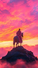 Majestic horse in royal robe standing on mountain peak at sunrise with vibrant sky colors