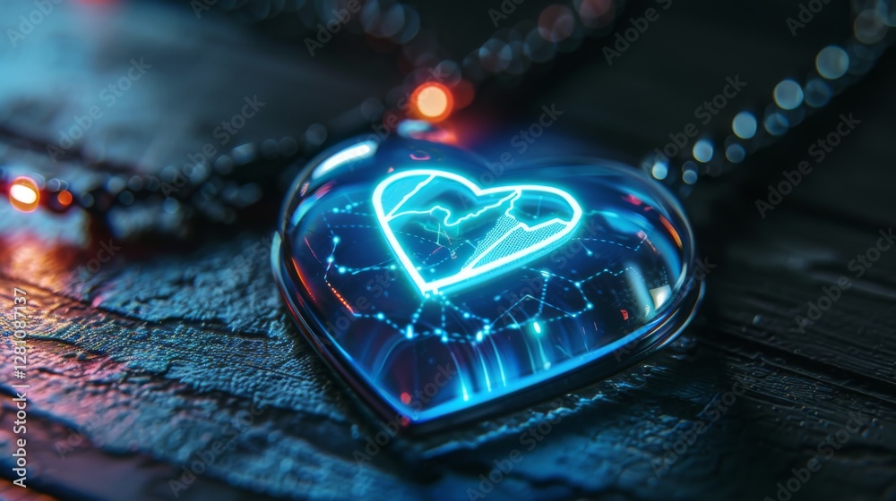 Poster a heart shaped digital device glows with blue light, representing technology in mental health. it fe