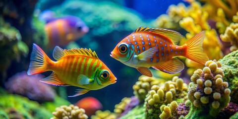 Fototapeta premium Vibrant Reef Inhabitants Two Exquisite Tropical Fish Swim Gracefully Amidst Lush Coral