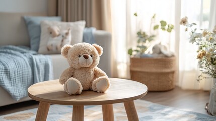 A charming wooden table with a soft plush teddy bear sits prominently in a warm, sunlit living room. The inviting space features light-colored decor, enhancing a serene atmosphere