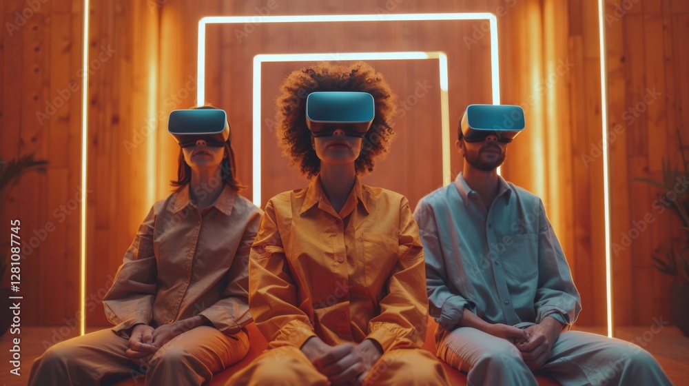 Aufkleber three individuals engage with virtual reality headsets in a stylish space designed for enhancing men