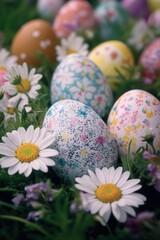 Fototapeta premium Decorative eggs with vibrant patterns, set against a garden backdrop of blooming flowers.