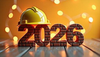 Construction helmet on brick-style 2026 numbers with bokeh background
