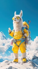 Proud llama in mountaineers outfit stands near snowy peak under bright blue sky