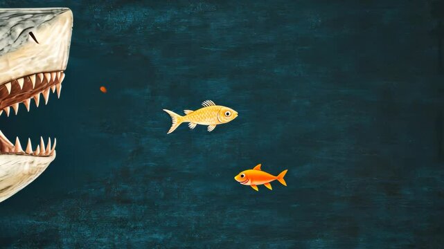 Business competition concept. The cost and production advantages of large businesses. Like a big fish eating a small fish. Business changes and disruption.