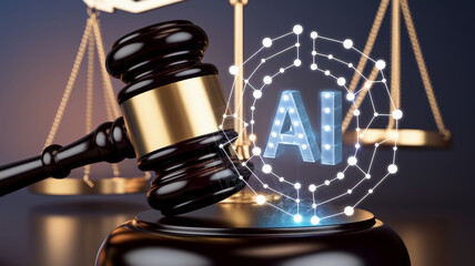 Obraz premium Close-up of a judge's gavel striking with glowing AI letters, symbolizing the use of artificial intelligence in the legal industry, representing justice and technology integration.