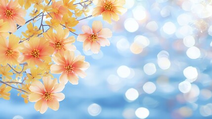 Naklejka premium Peach and Yellow Blossoms Against a Soft Blue Bokeh Background