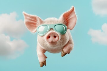 Quirky pig dons superhero costume soaring through a beautiful sky filled with fluffy clouds