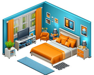 Cozy bedroom design modern home interior decor vibrant colors 3d perspective comfort concept