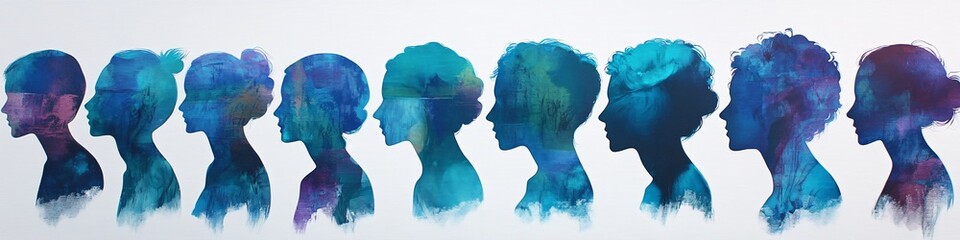 Expressive Watercolor Silhouettes of Diverse Human Profiles in a Vibrant Blue and Purple Abstract Composition