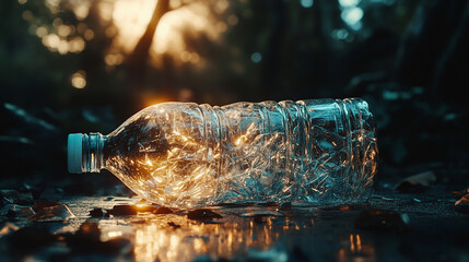 A transparent crushed plastic bottle glowing under sun