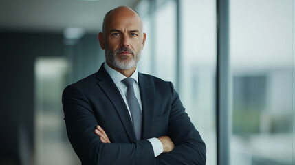 Fototapeta premium confident businessman stands with arms crossed in modern office setting, exuding professionalism and leadership.