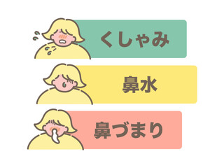 花粉症アレルギー症状　鼻水　くしゃみ　鼻づまり　イラストセット
