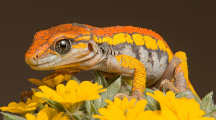 Obraz premium Vibrant gecko on yellow flowers, dark background, nature photography, ideal for wildlife websites
