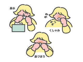 花粉症アレルギー症状　鼻水　くしゃみ　鼻づまり　イラストセット（文字あり）