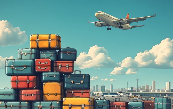 Stack of retro suitcases at air terminal, airplane soaring above, holiday makers getting ready for summer vacation, bustling airport scene, travel and baggage check