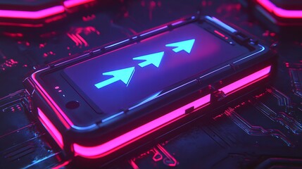 Obraz premium Mobile Phone Render with Arrows Pointing Up on Digital Background