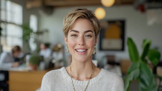 Friendly Young Woman Speaking to Camera in Modern Workspace. A confident young woman with short hair, smiling and speaking to the camera in a stylish, modern workspace.